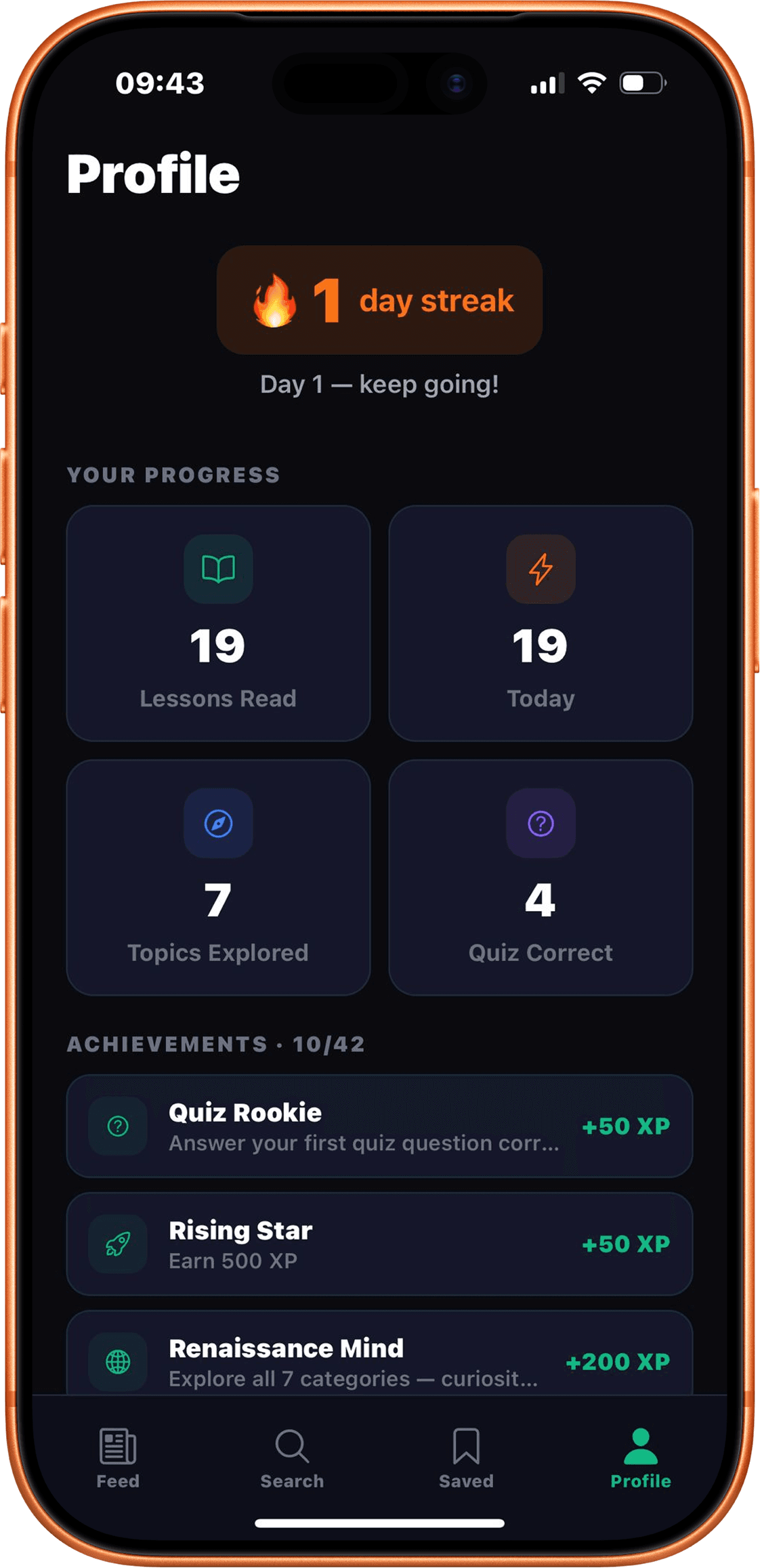 Streaks, XP, achievements